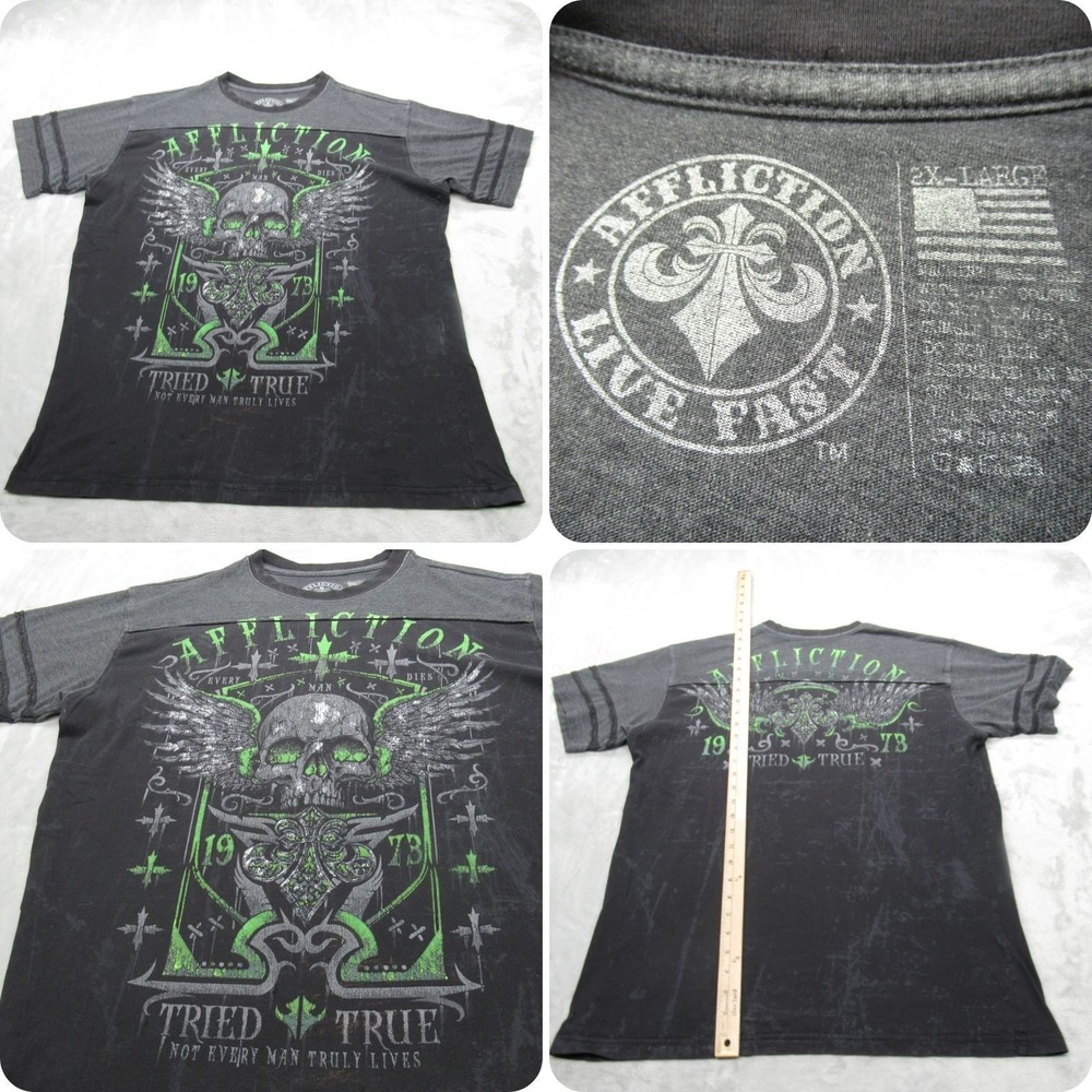 Affliction‎ Shirt Mens XXL Black Green Graphic Print Crew Neck Short Sleeve READ